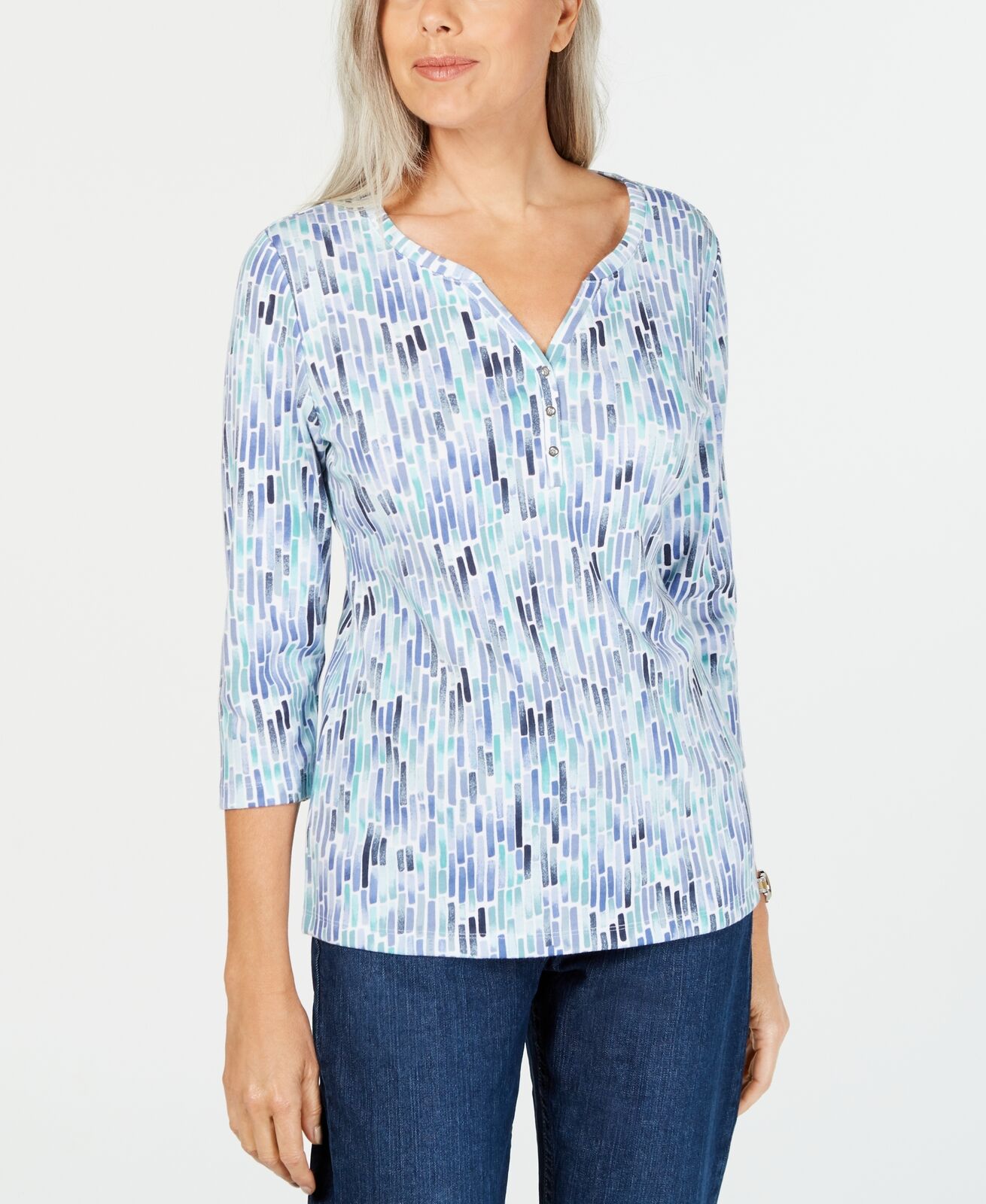 Karen Scott Women's Petite Watercolor-Print Henley Top Blue Size Small