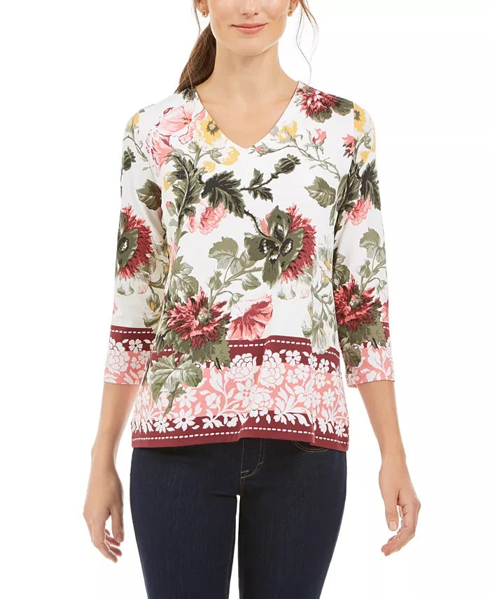 Charter Club Women's Garden Printed V-Neck Top White Size Large