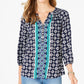 Charter Club Women's Petite Printed Split-Neck 3/4-Sleeve Top Blue Size Petite