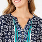 Charter Club Women's Petite Printed Split-Neck 3/4-Sleeve Top Blue Size Petite