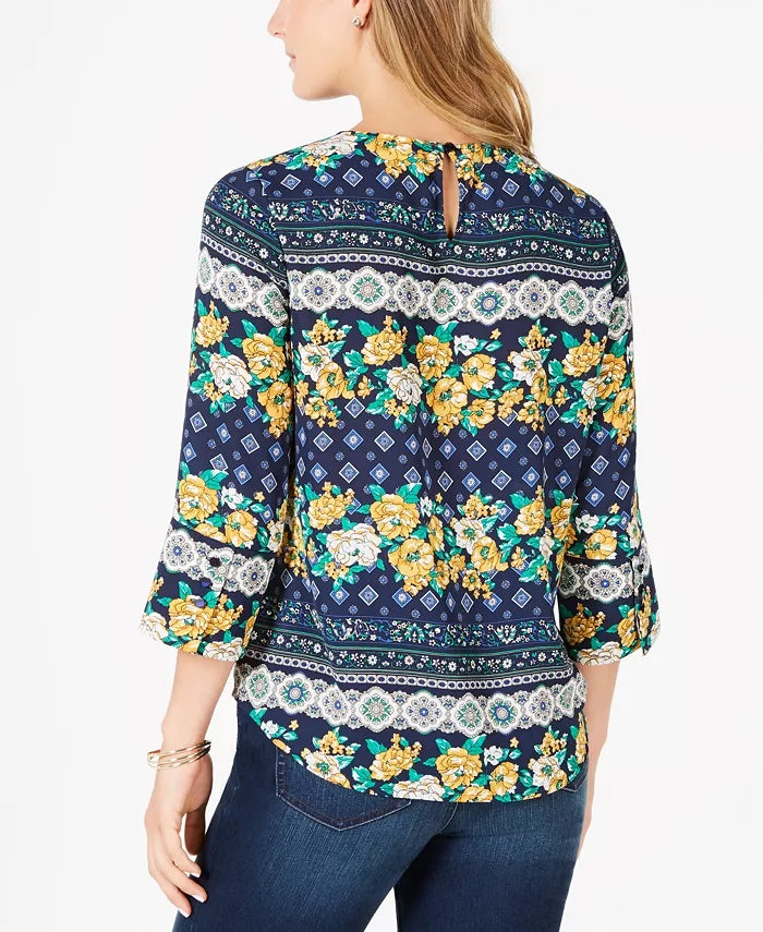 Charter Club Women's Petite 3/4-Sleeve Printed Top Blue Size Small