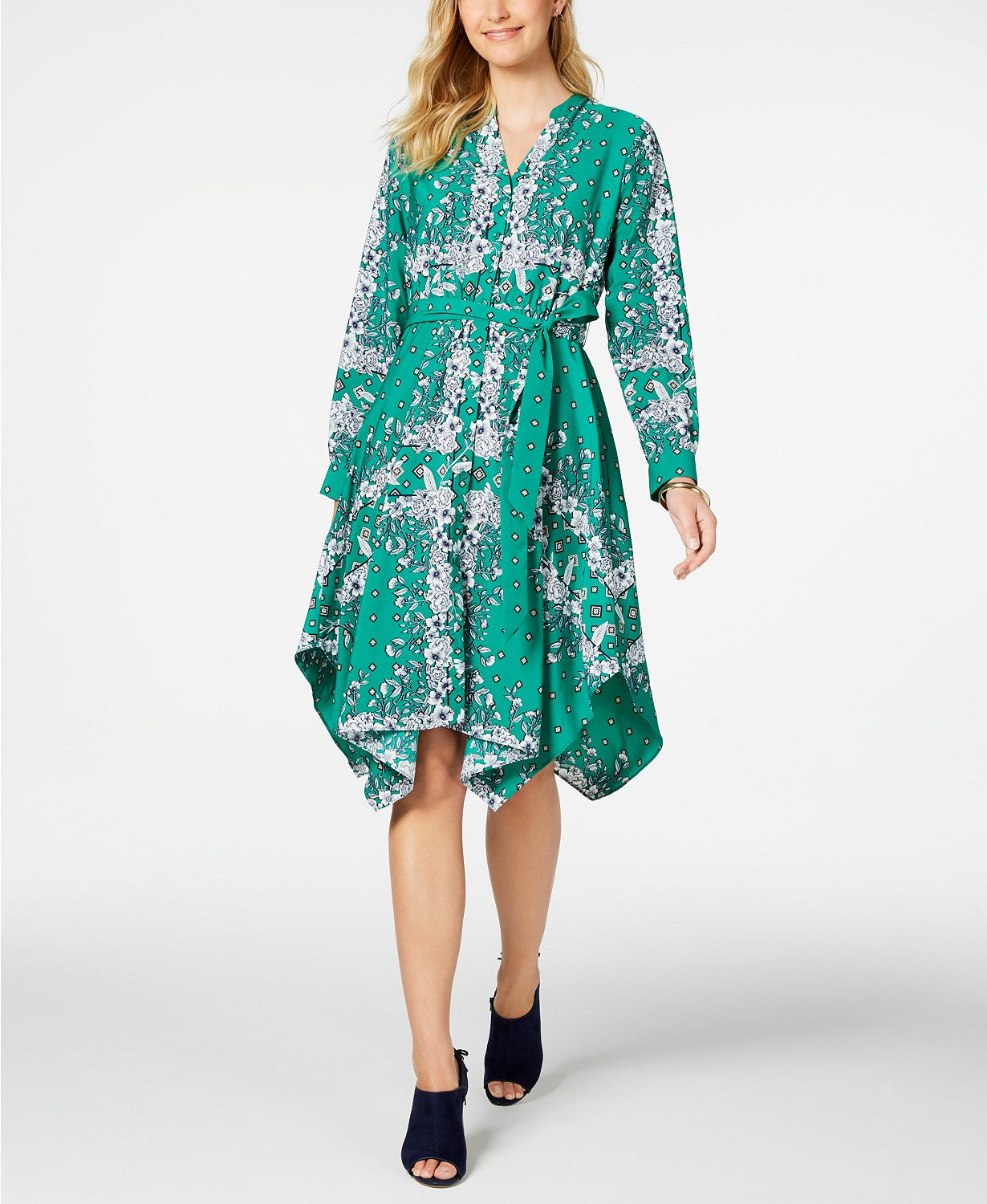 Charter Club Women's Long-Sleeve Handkerchief Dress Dark Green Size Extra Small