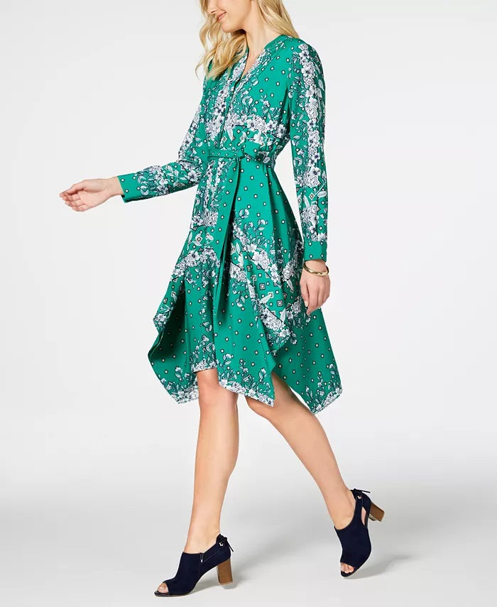 Charter Club Women's Long-Sleeve Handkerchief Dress Dark Green Size Extra Small