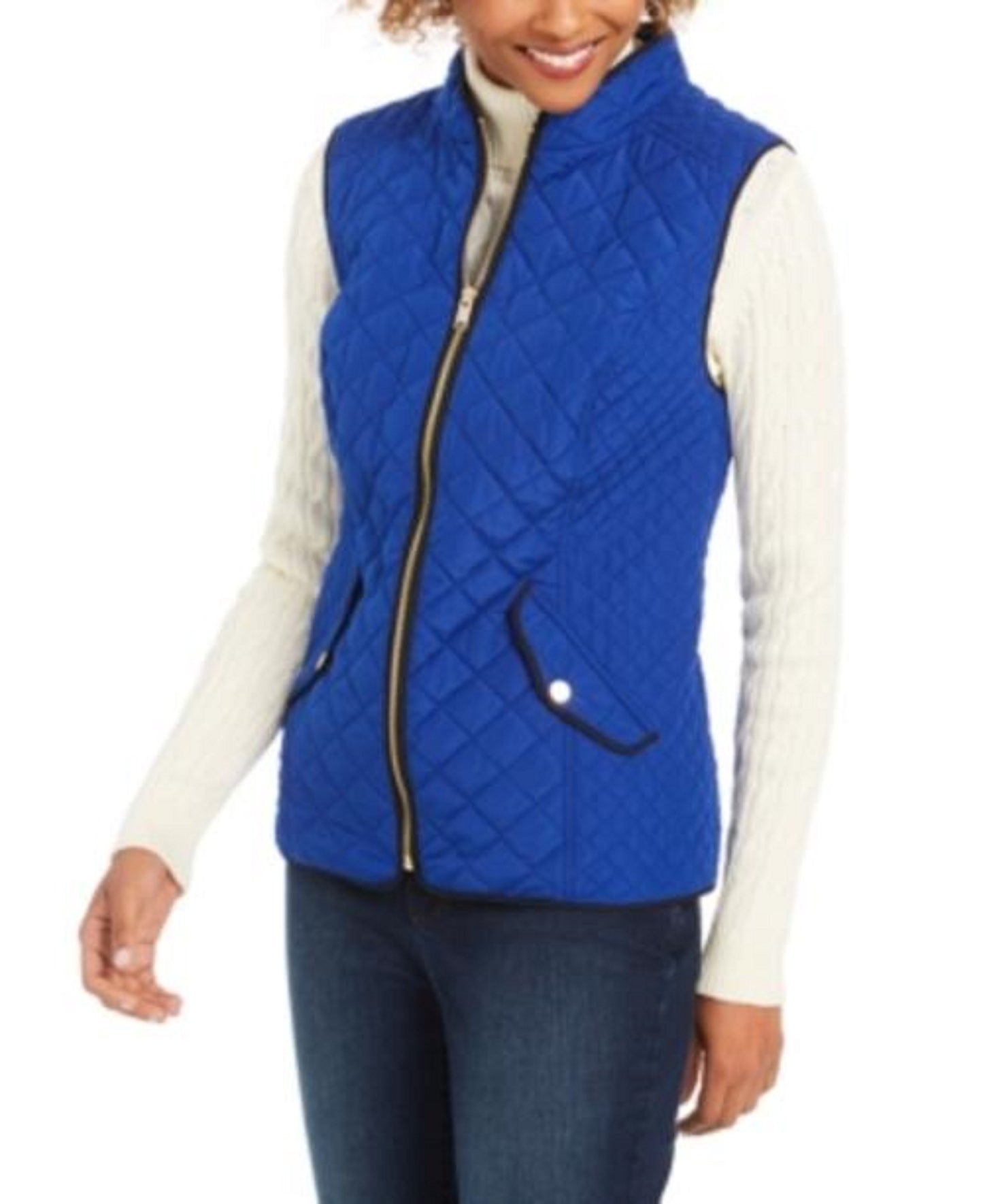 Charter Club Women's Quilted Stand-Collar Vest Med Blue Size Large