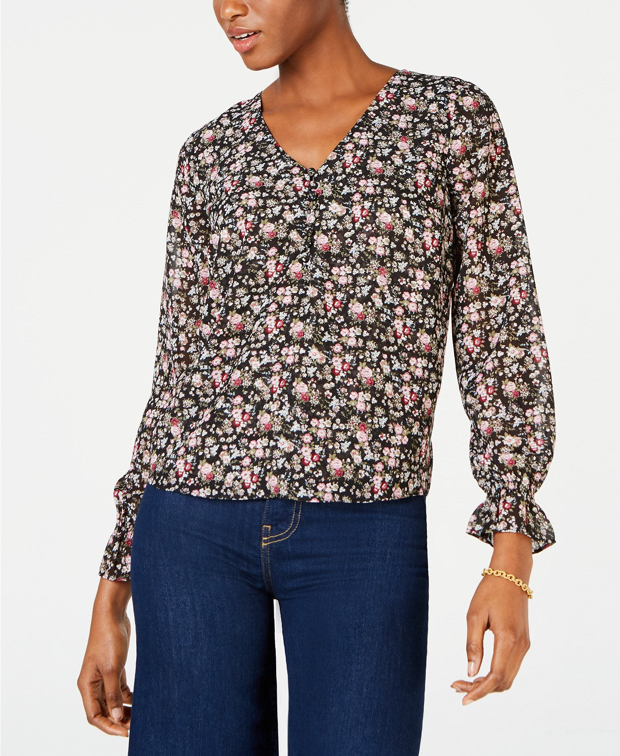 Maison Jules Women's Printed V-Neck Blouse Black Size X-Small