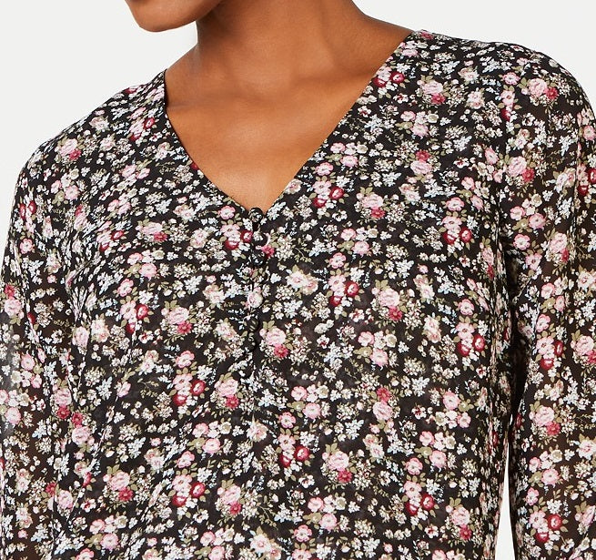 Maison Jules Women's Printed V-Neck Blouse Black Size X-Small