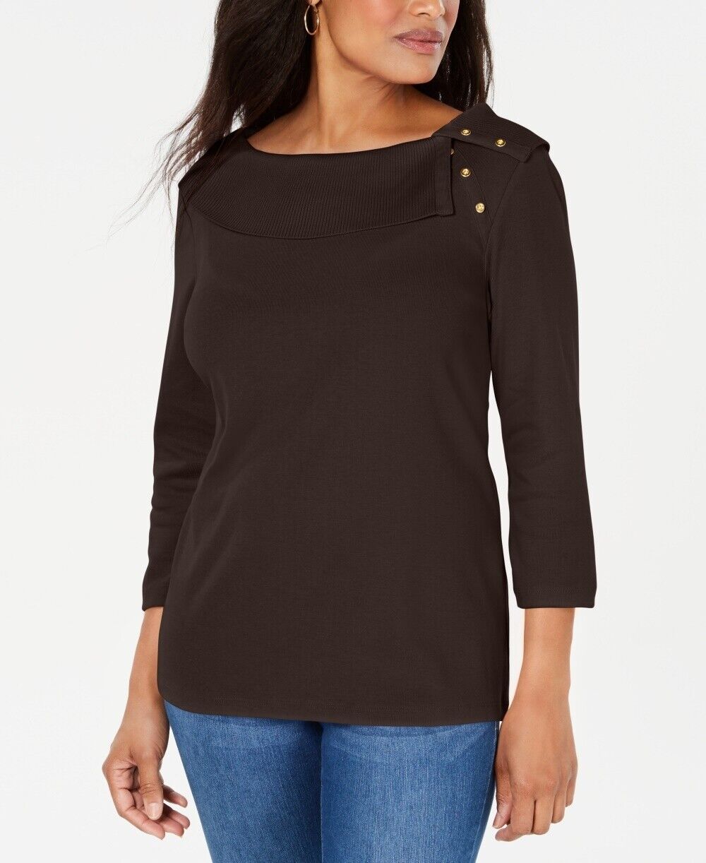 Karen Scott Women's Cotton Shawl-Collar Button Top Brown Size Small