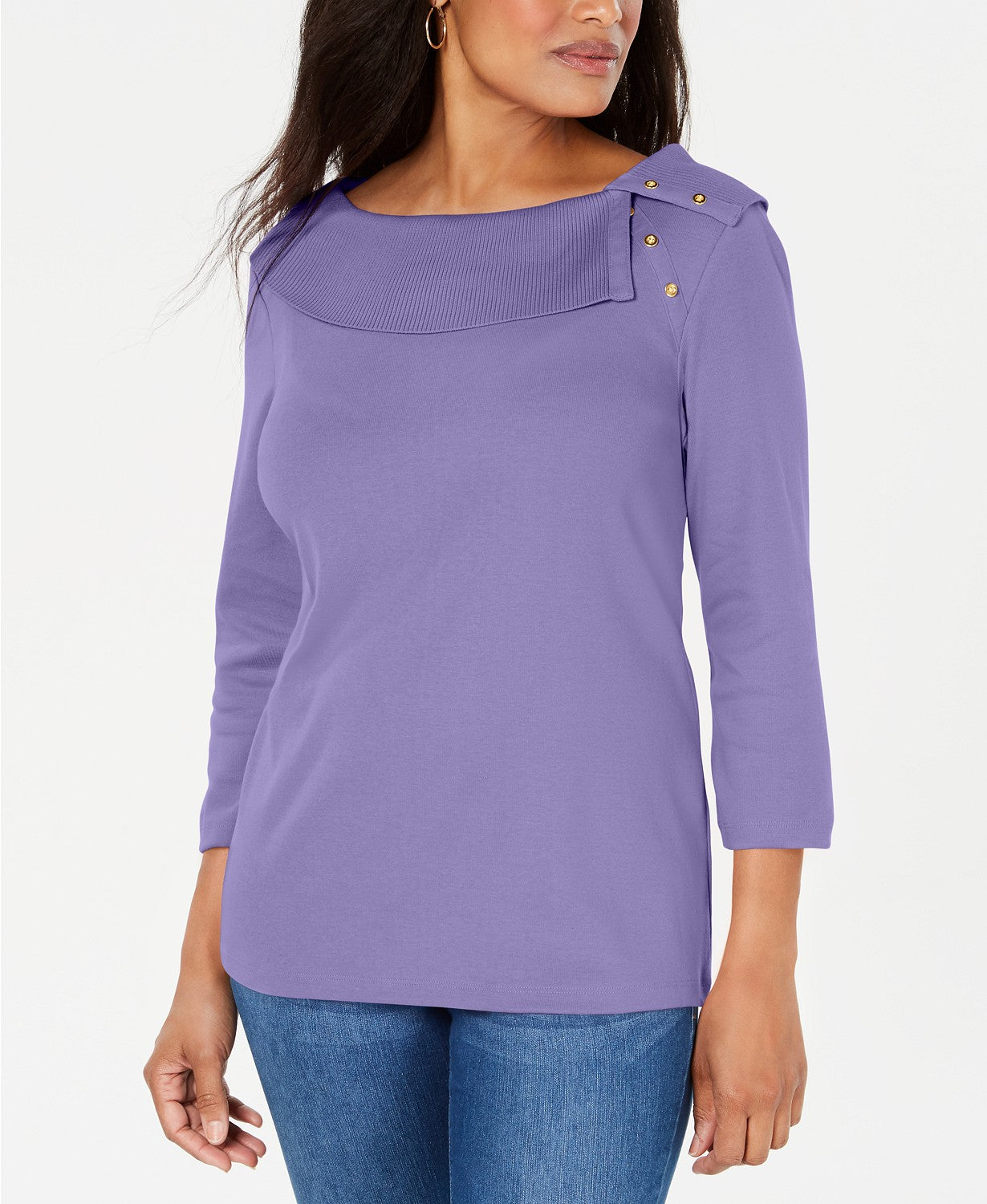 Karen Scott Women's Cotton Shawl-Collar Button Top Purple Size Extra Small