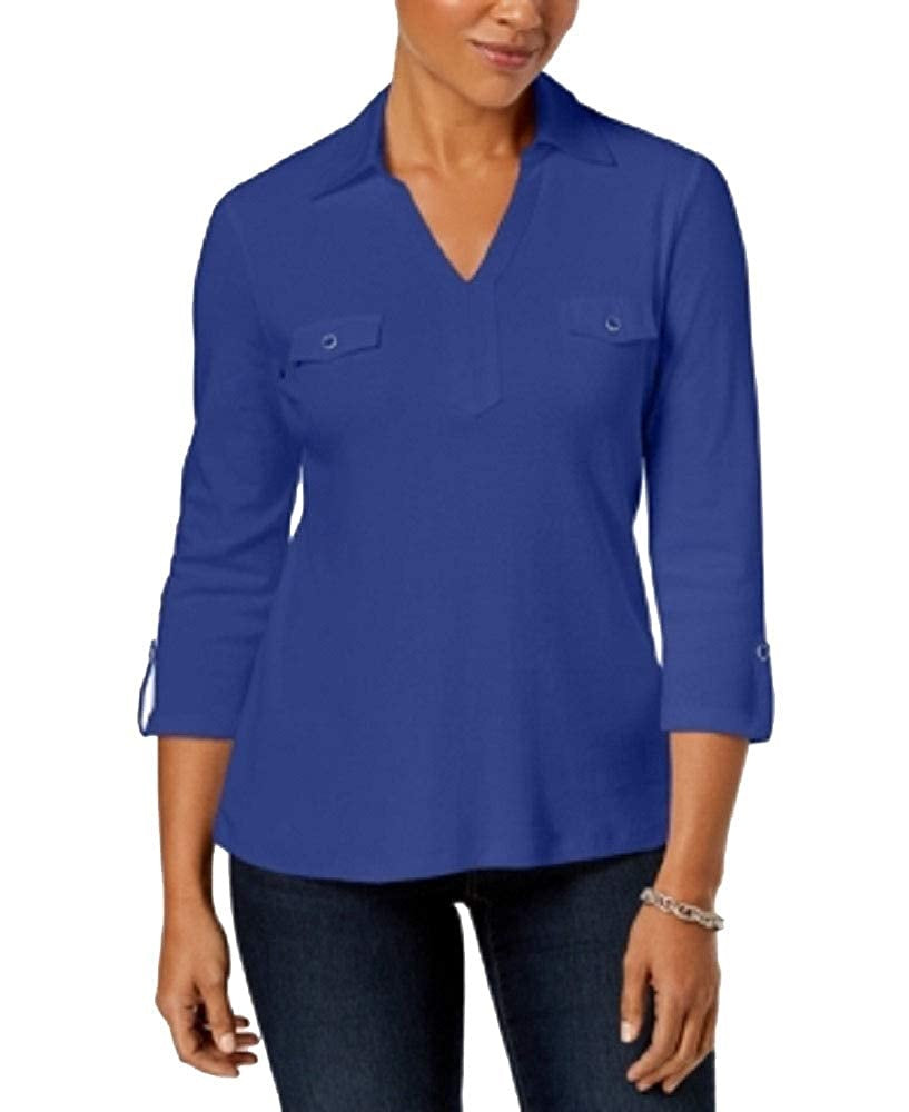 करेन स्कॉट महिलाओं के कॉटन जॉनी-कॉलर यूटिलिटी शर्ट अल्ट्रा ब्लू साइज स्मॉल