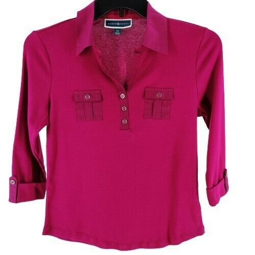 Karen Scott Women's Petite 3/4-Sleeve Polo Shirt  Red Size X-Large