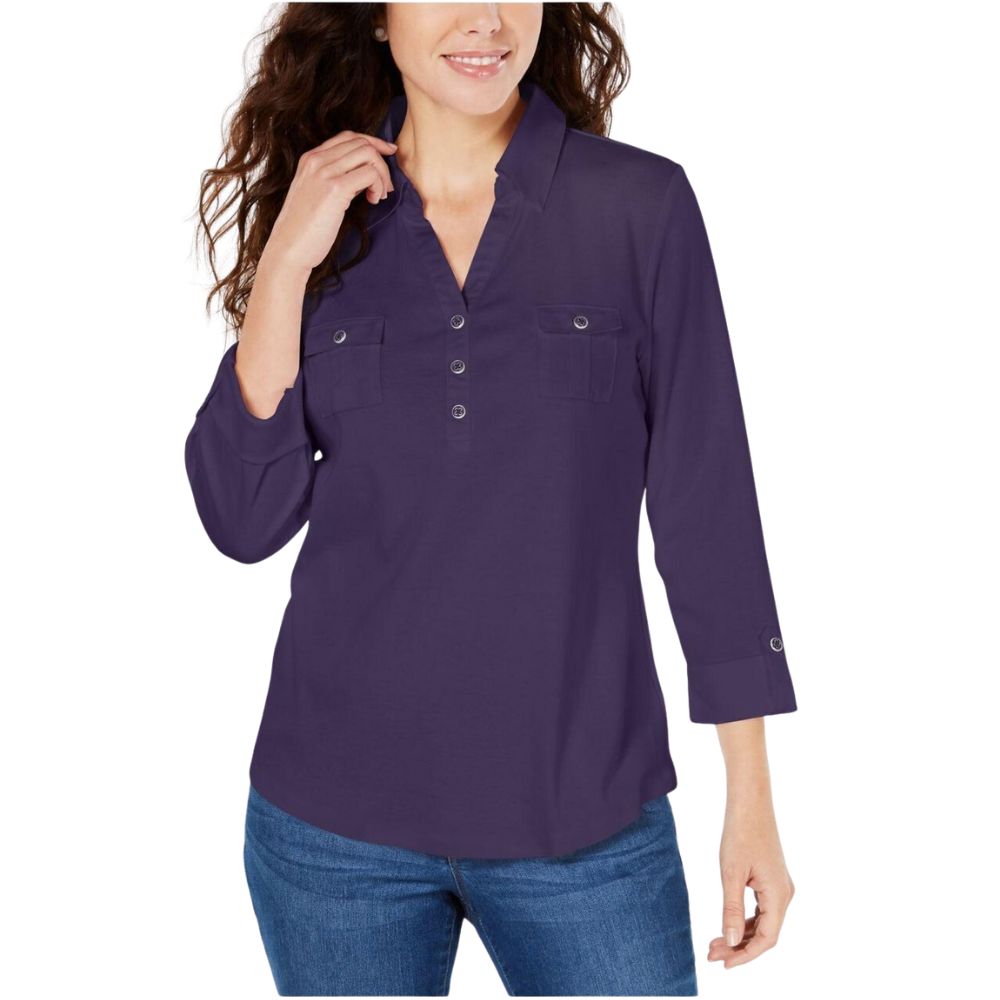 Karen Scott Women's 3/4 Sleeve Polo Shirt Purple Size Petite Small