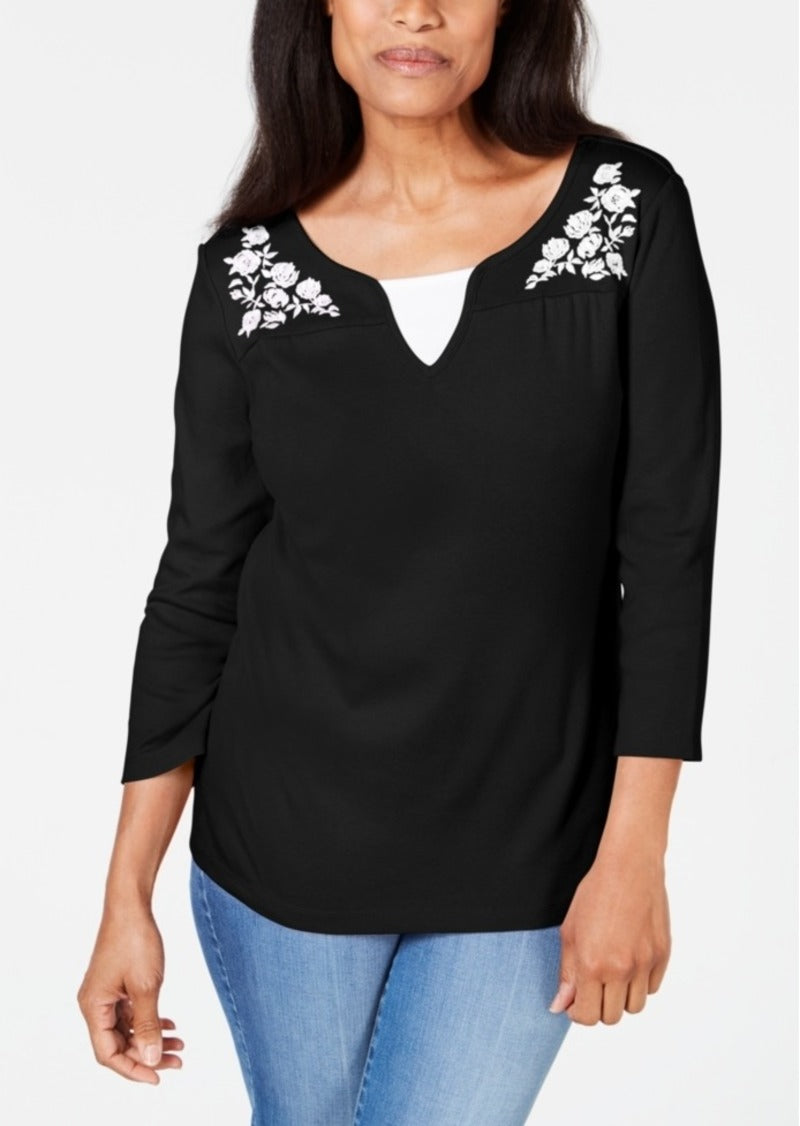 Karen Scott Women's Embroidered Cotton Layered-Look Top Black Size Medium