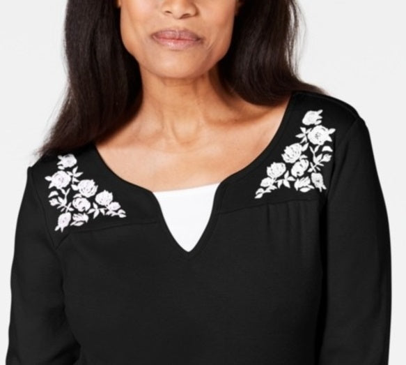 Karen Scott Women's Embroidered Cotton Layered-Look Top Black Size Medium