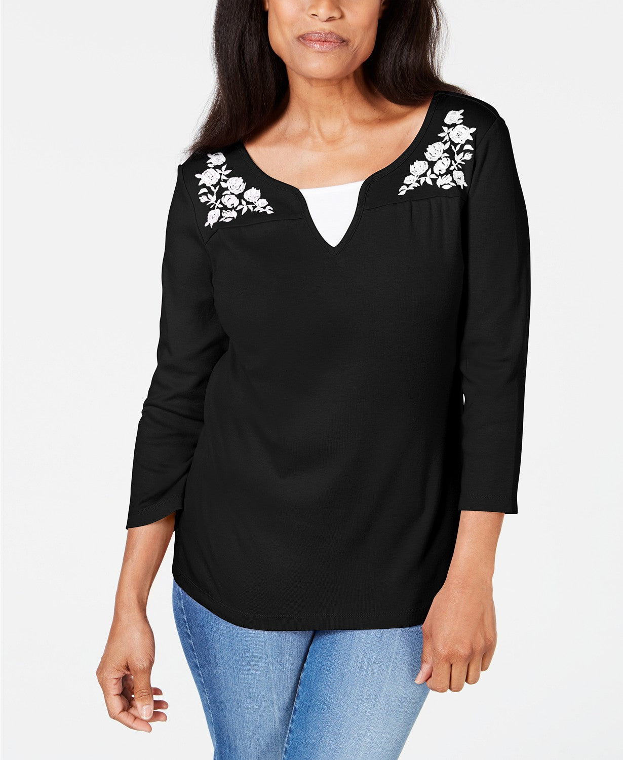 Karen Scott Women's Embroidered Cotton Layered-Look Top Black Size Extra Small