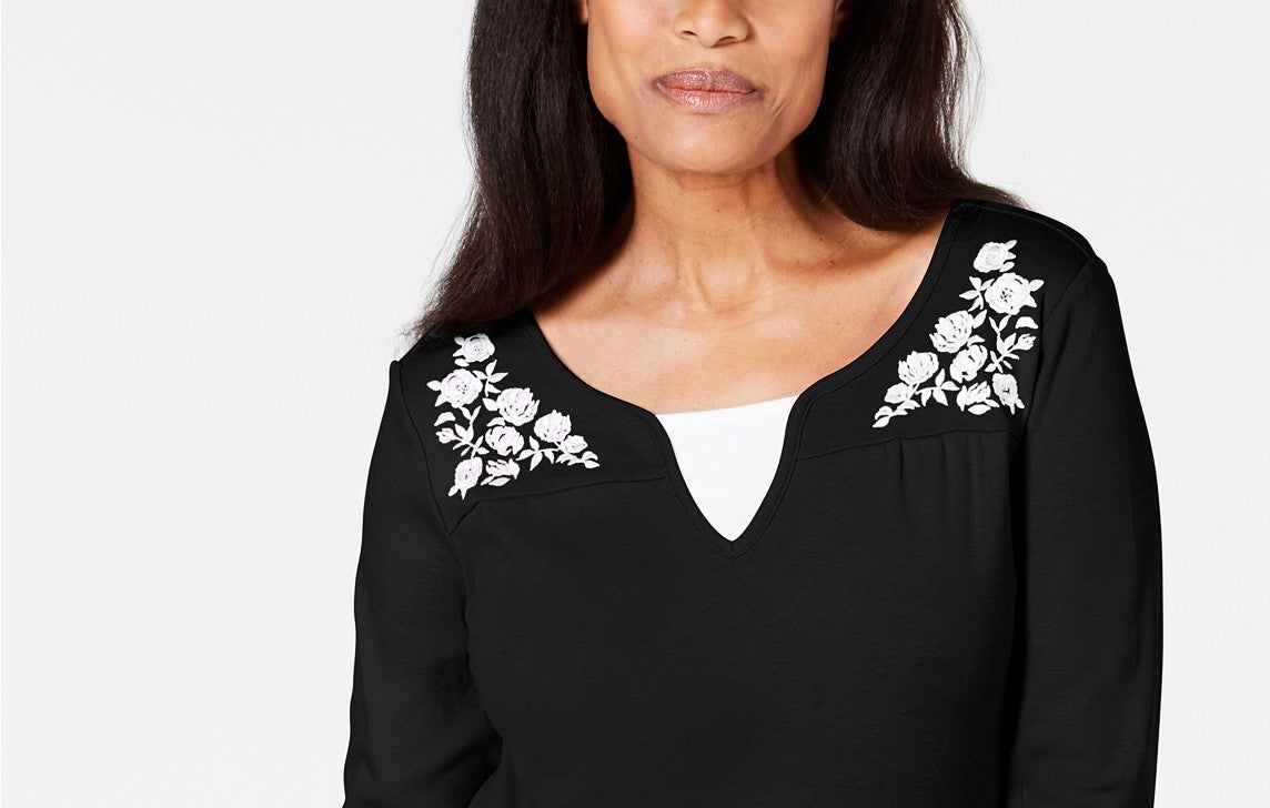 Karen Scott Women's Embroidered Cotton Layered-Look Top Black Size Extra Small