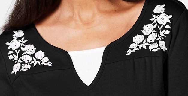 Karen Scott Women's Embroidered Cotton Layered-Look Top Black Size Extra Small