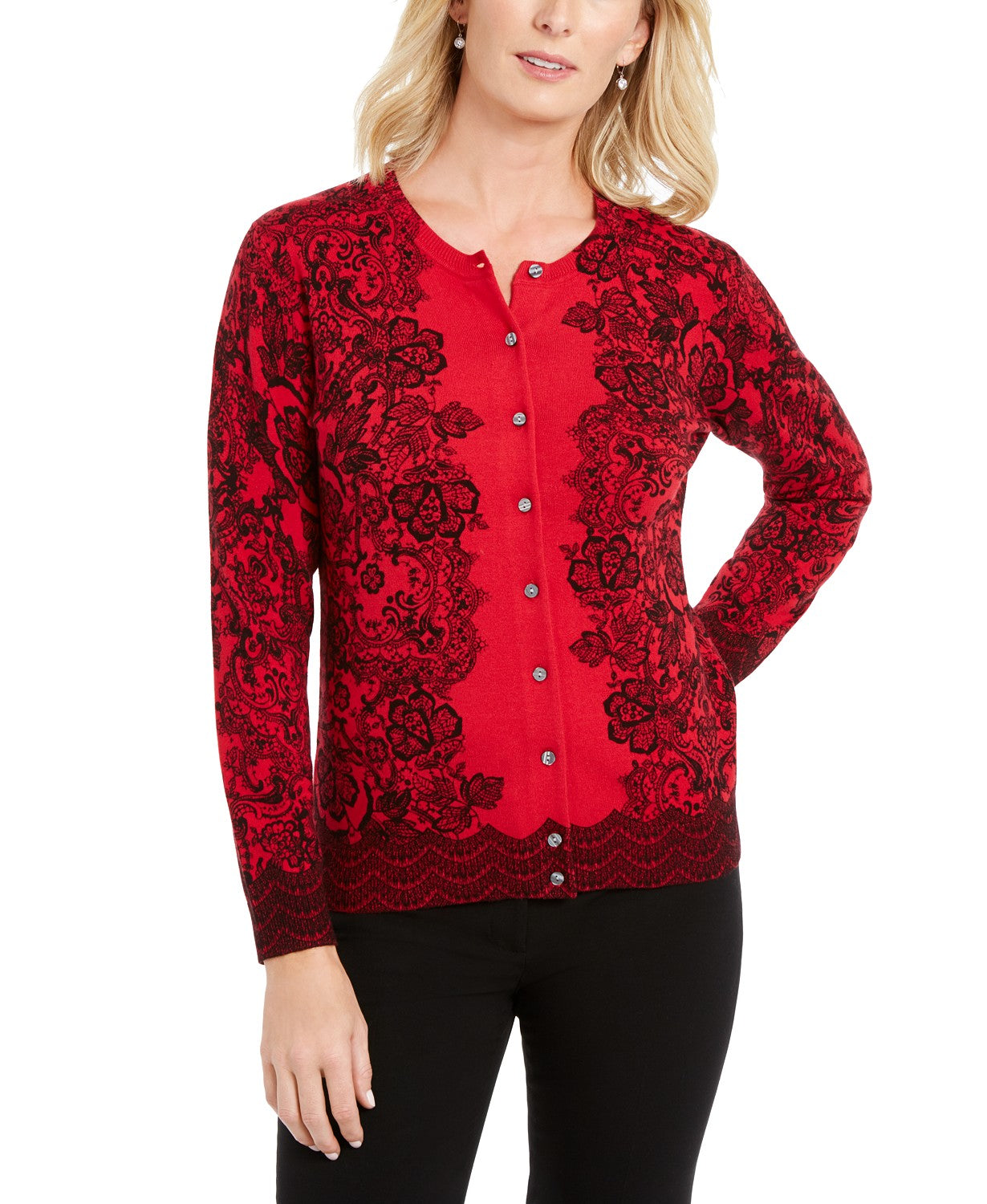 Karen Scott Women's Lace-Print Cardigan Red Size Medium