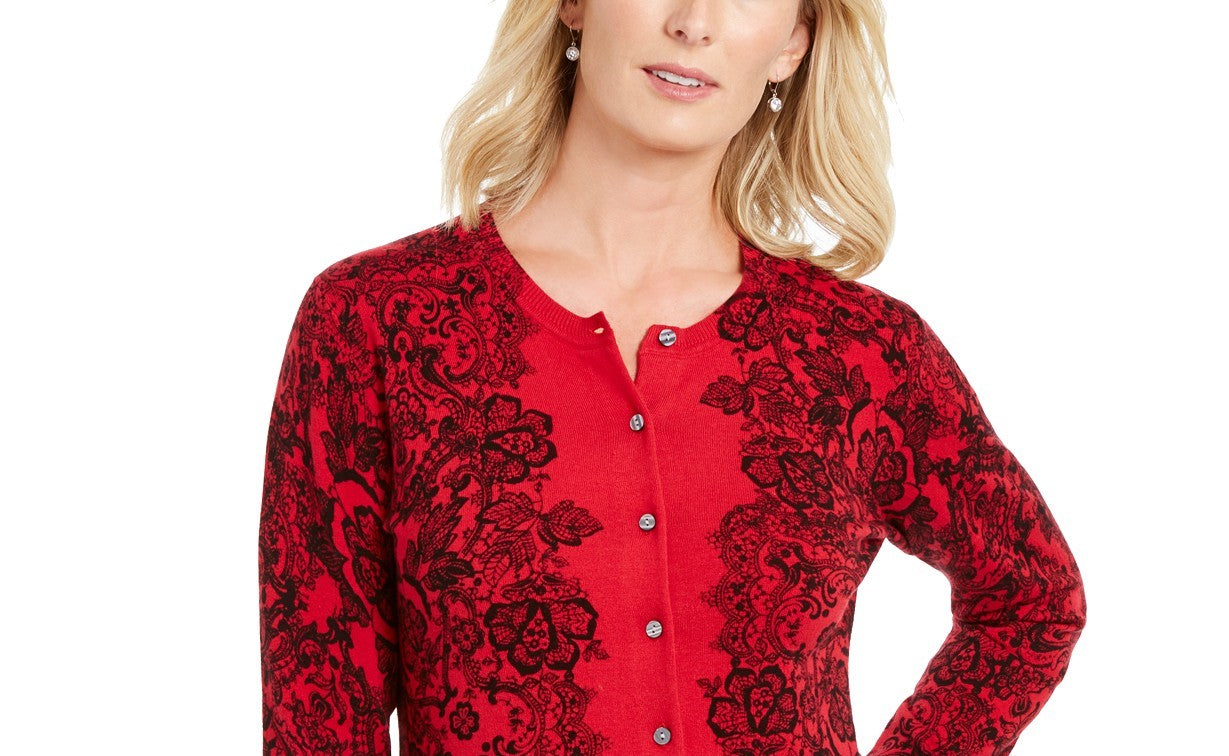 Karen Scott Women's Lace-Print Cardigan Red Size Extra Large
