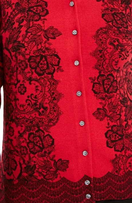 Karen Scott Women's Lace-Print Cardigan Red Size Extra Small