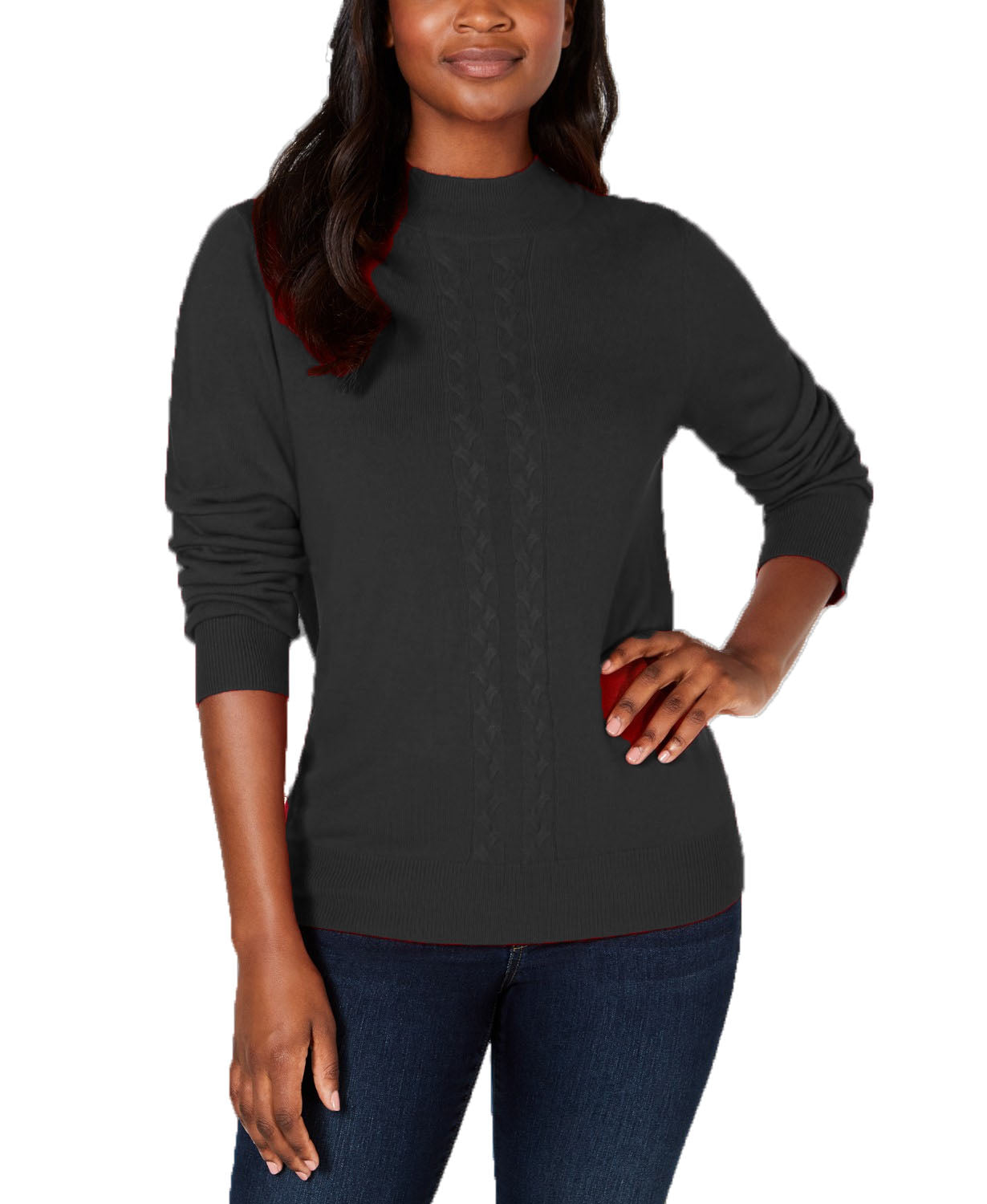 Karen Scott Women's Petite Cable-Front Mock-Neck Sweater Black Size Medium