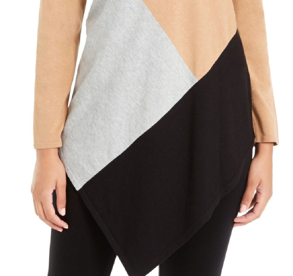 Alfani Women's Color Block Jewel Neck Hi-Lo Sweater Brown Size Small
