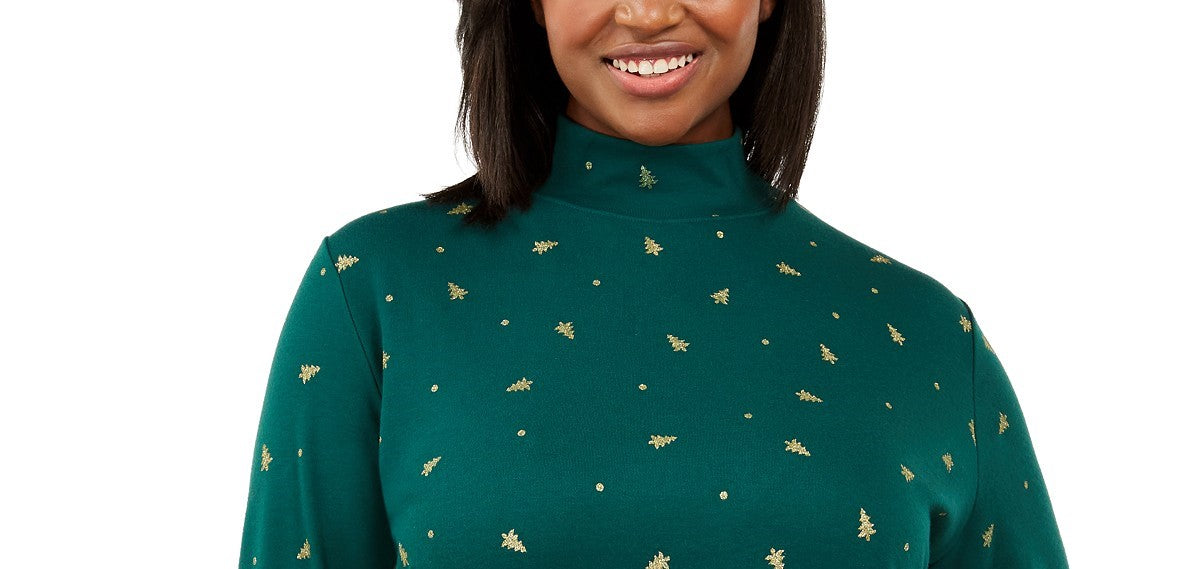 Karen Scott Women's Plus Size Tree Printed Mock-Neck Top  Green Size X-Large