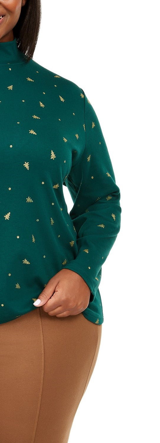 Karen Scott Women's Plus Size Tree Printed Mock-Neck Top  Green Size X-Large