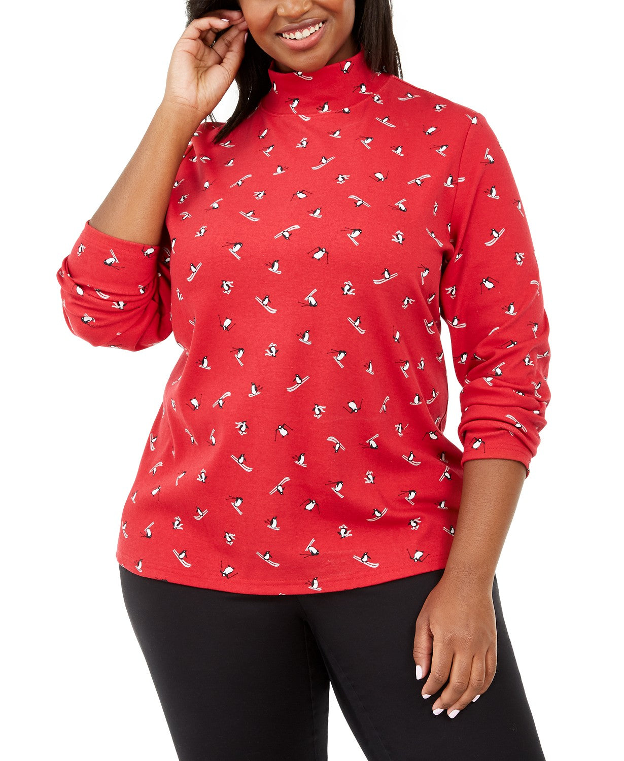 Karen Scott Women's Plus Size Skiing Penguins Printed Mock-Neck Top  Bright Red Size 1X