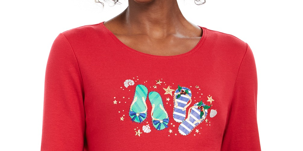 Karen Scott Women's Petite Winter Flip-Flops Cotton Top Red Size Small