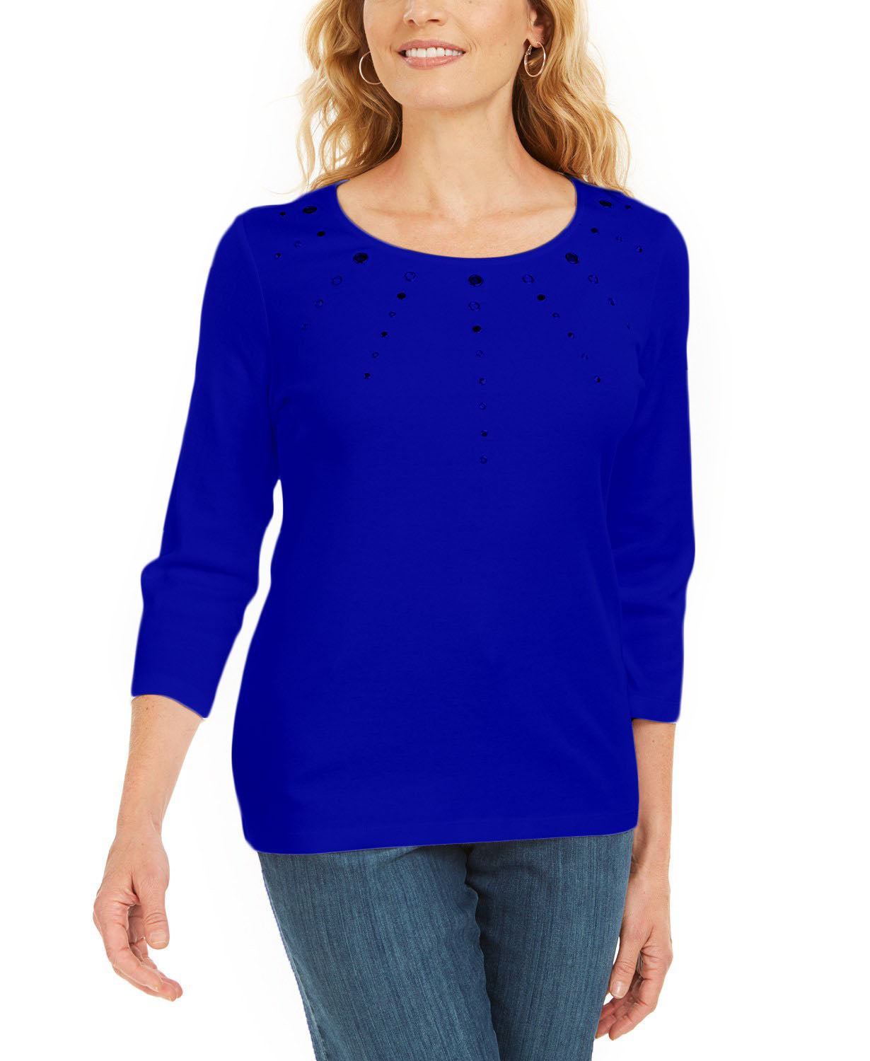 Karen Scott Women's Cotton Grommet-Hardware Top Dark Blue Size  Petite Small