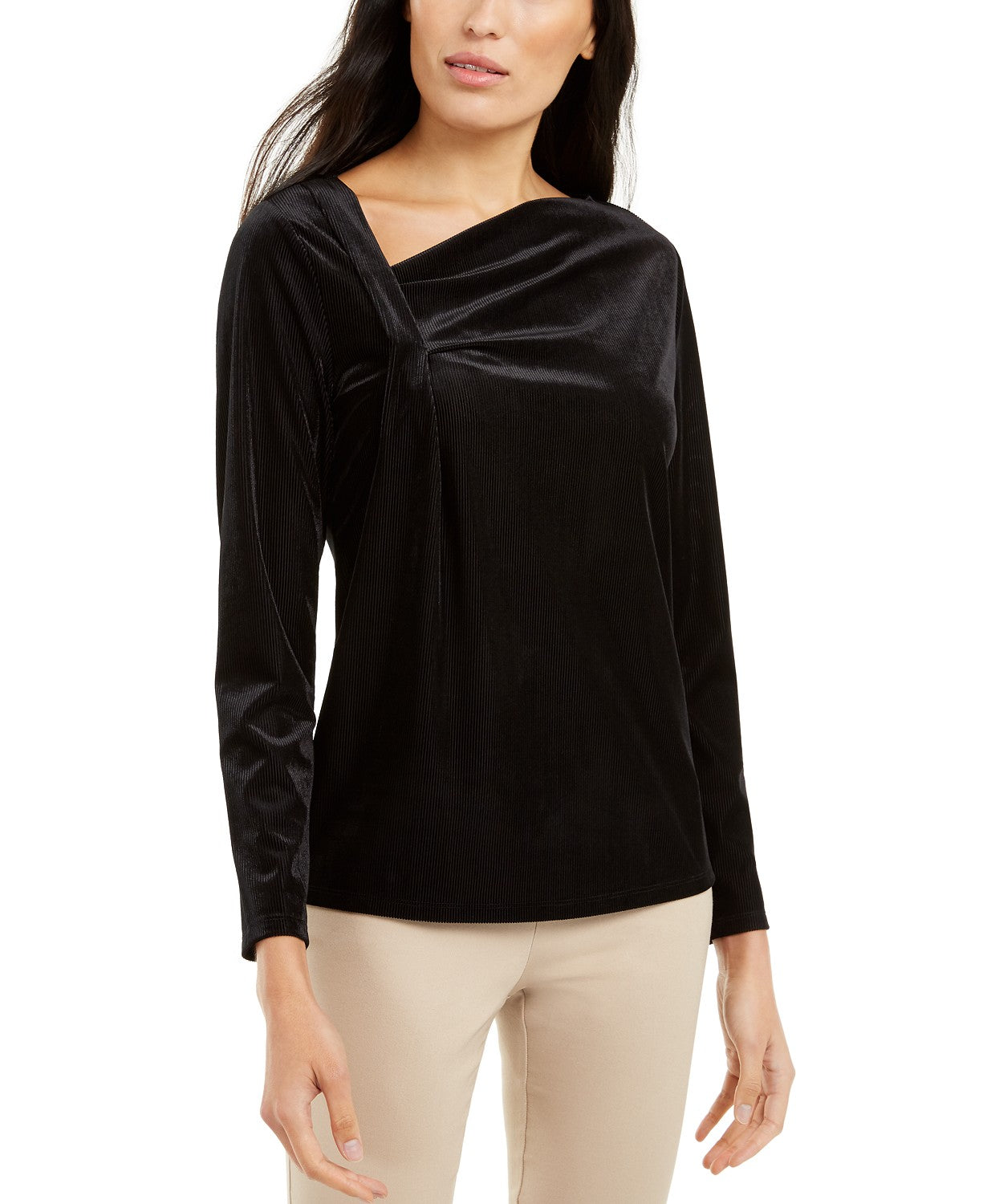 Alfani Women's Asymmetrical-Neckline Velvet Top Black Size Medium
