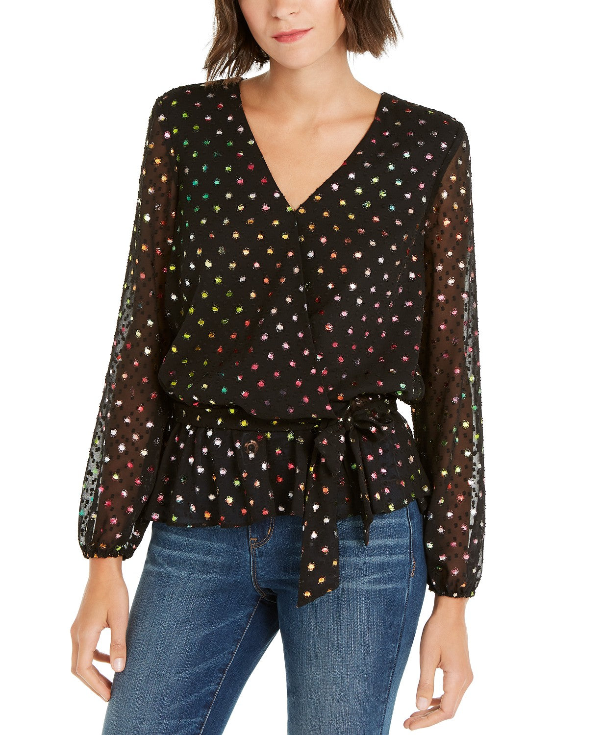 INC International Concepts Women's Rainbow Clip-Dot Wrap Top Black Size Extra Small