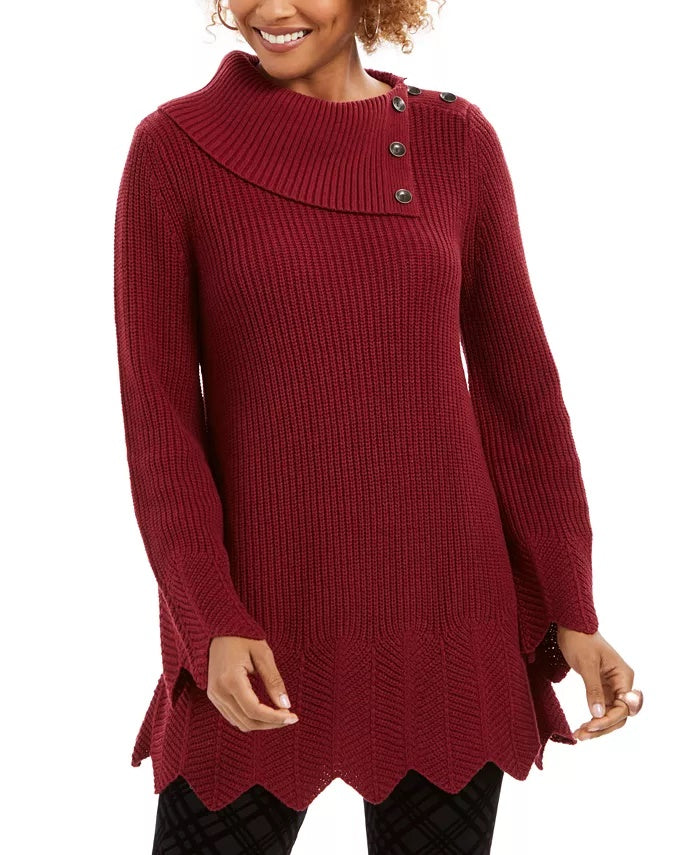 Style & Co Women's Scalloped-Hem Ribbed Sweater Dark Red Size X-Small