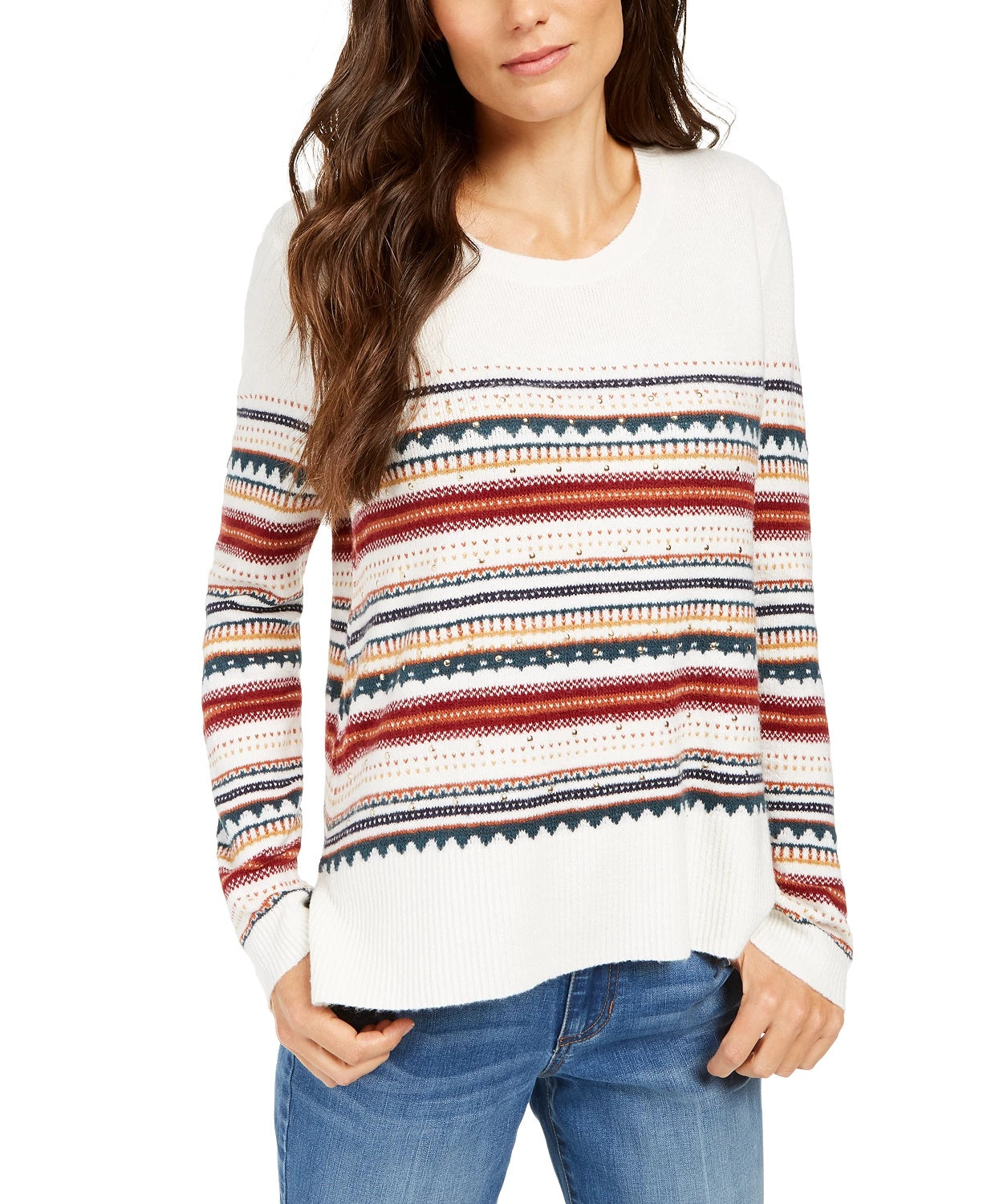 Style & Co Women's Striped Studded Sweater White Size XX-Large