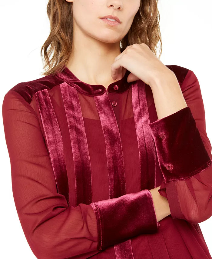 Alfani Women's Velvet-Trim Button-Front Top Wine Size Medium