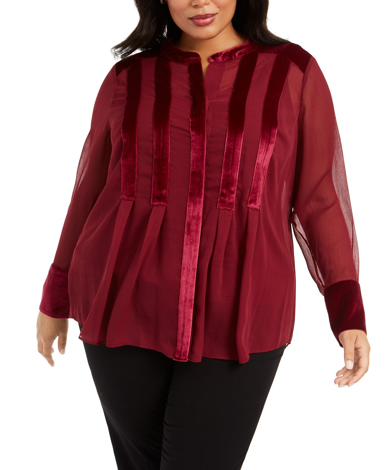 Alfani Women's Plus Size Velvet-Trim Blouse Wine Size 3X