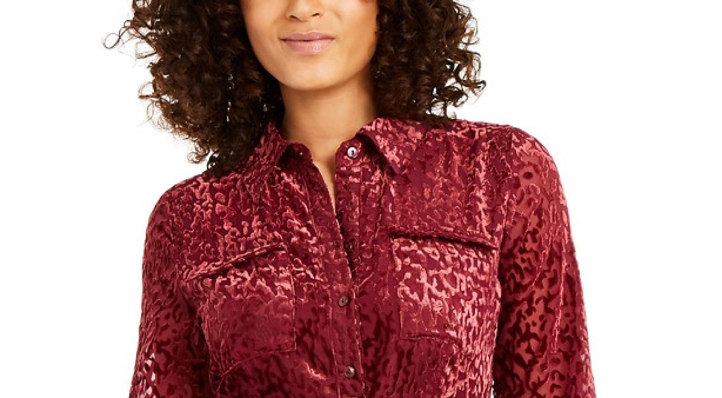 Alfani Women's Velvet Burnout Belted Shirtdress Wine Size 12