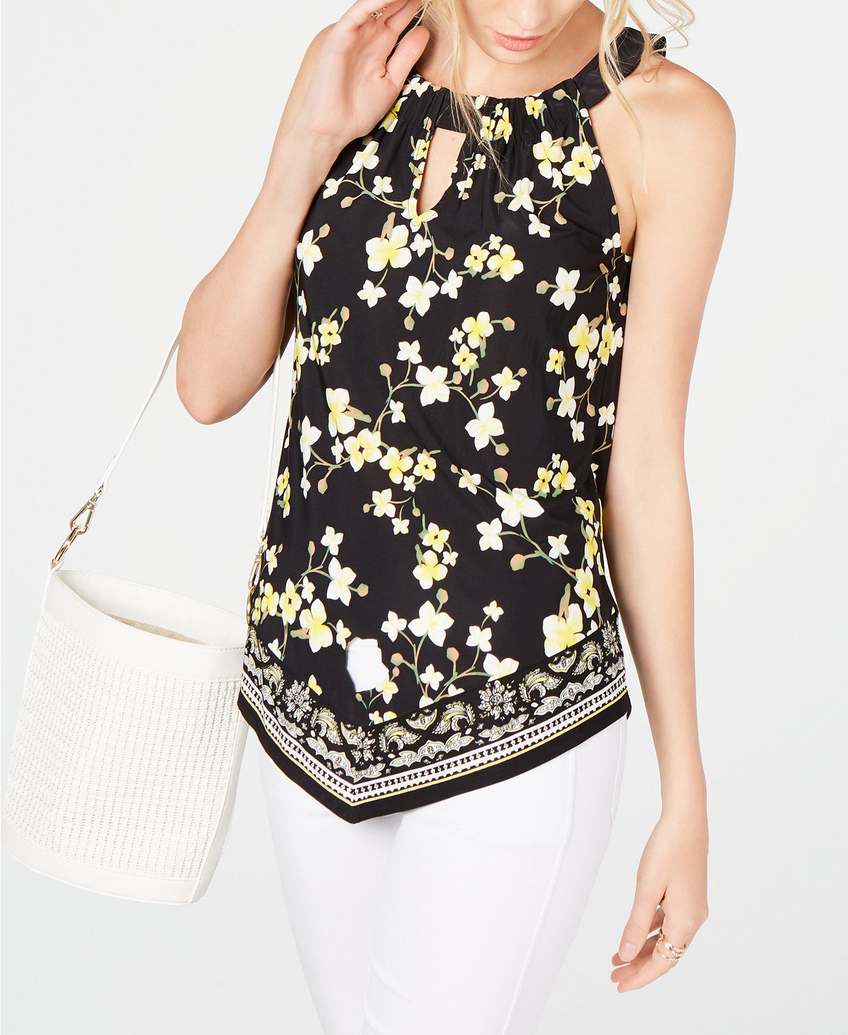 INC International Concepts Women's Printed Keyhole Halter Top  Dark Yellow Size Extra large