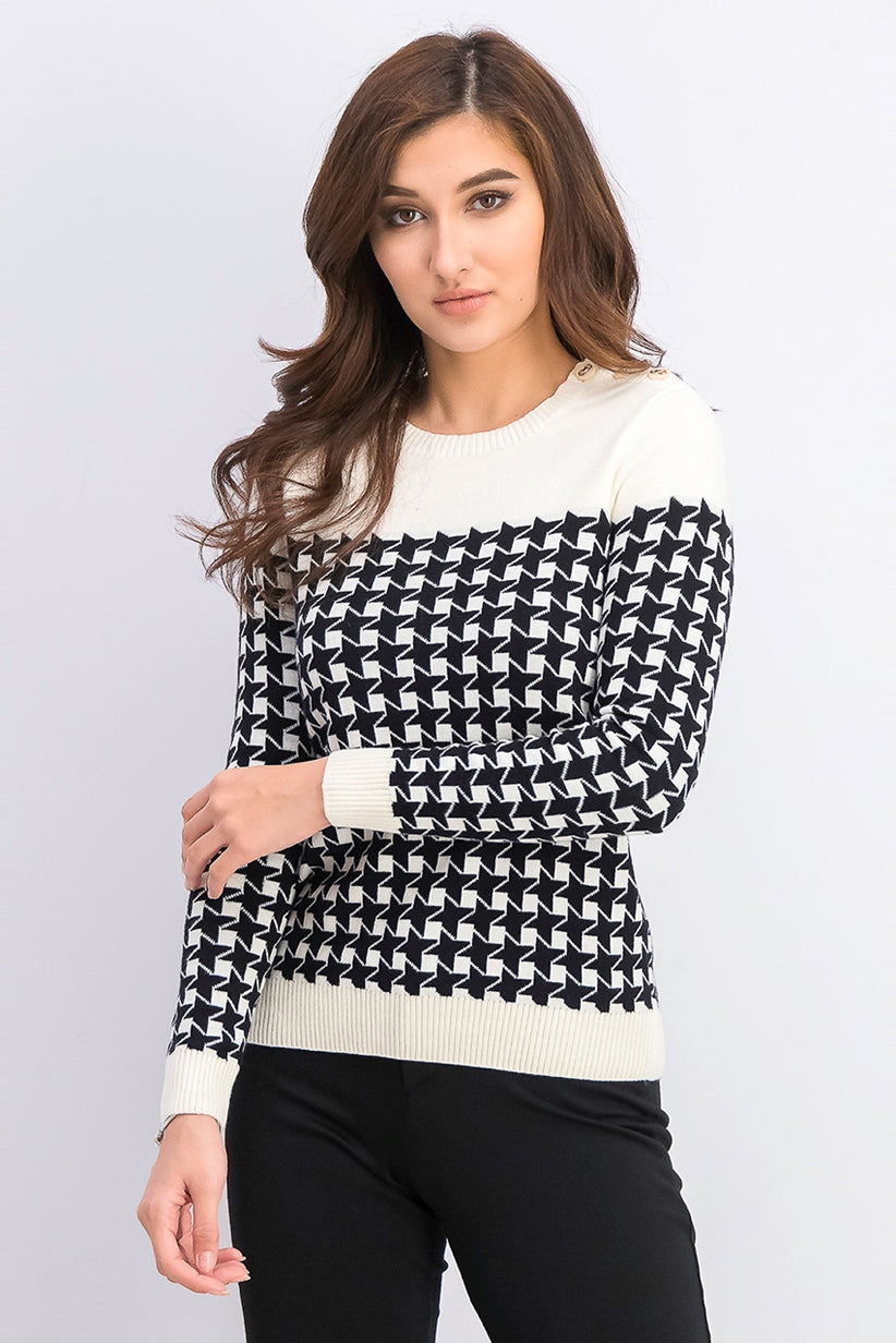 Charter Club Women's Petite Houndstooth Button-Shoulder Sweater Black Size Small