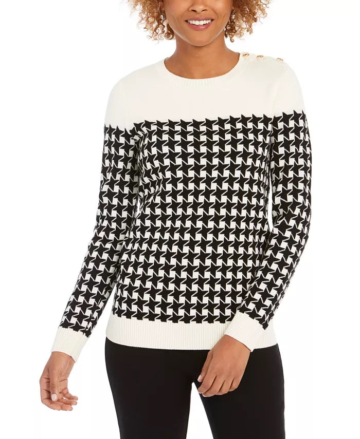 Charter Club Women's Petite Houndstooth Button-Shoulder Sweater Black Size Medium