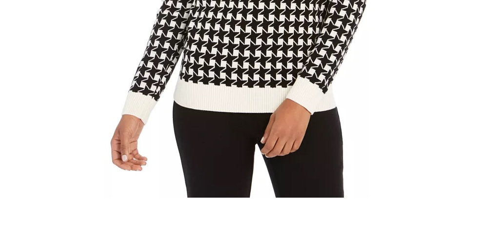 Charter Club Women's Petite Houndstooth Button-Shoulder Sweater Black Size Medium