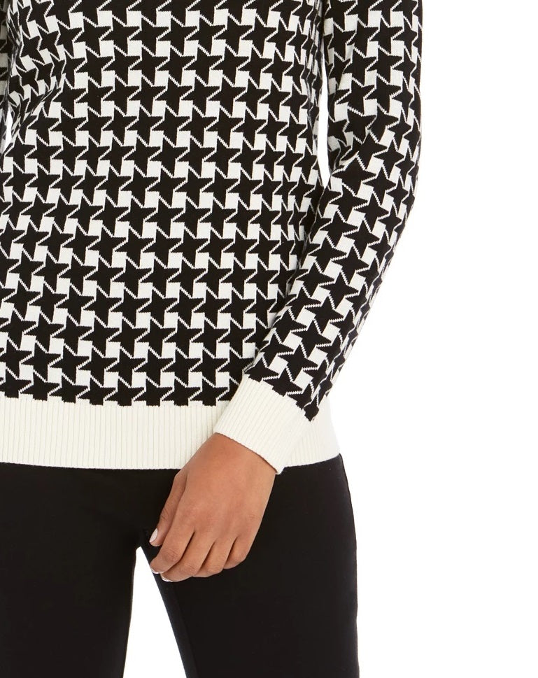 Charter Club Women's Petite Houndstooth Button-Shoulder Sweater Black Size Petite Small