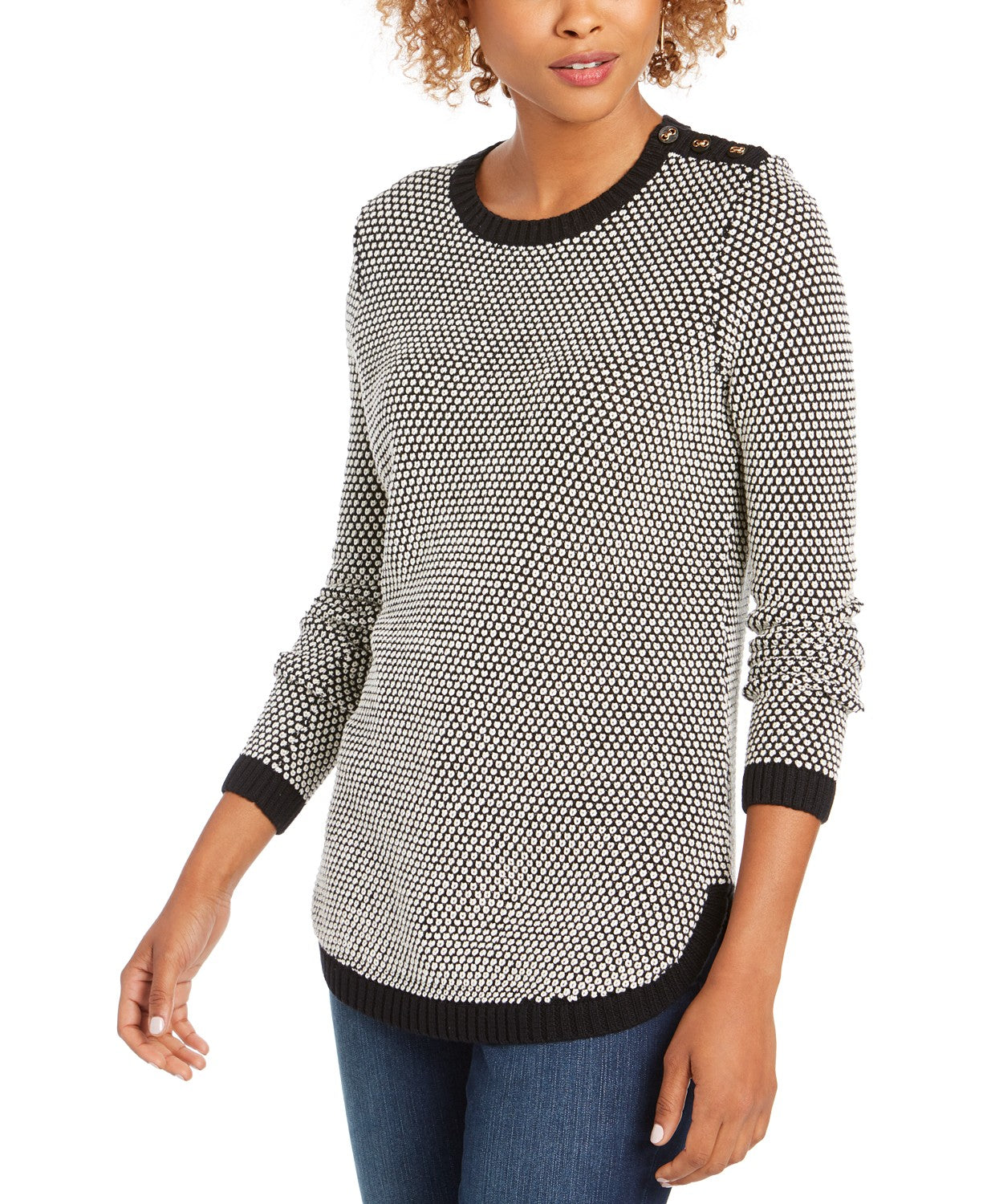 Charter Club Women's Textured Contrast Trim Sweater Black Size Large