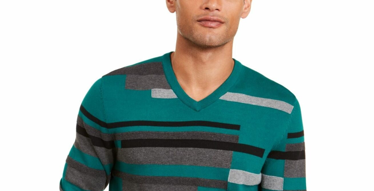 Alfani Men's Textured Striped V-Neck Sweater Green Size XX-Large