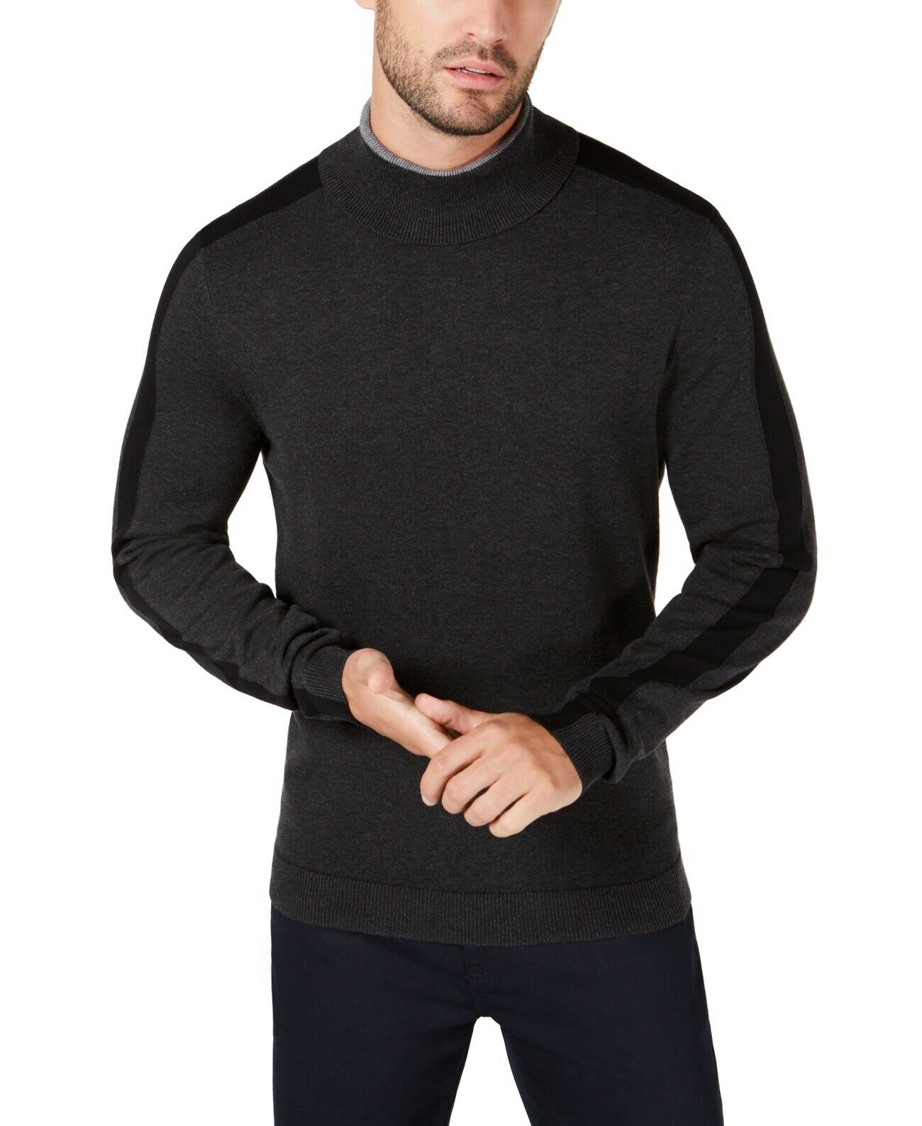 Alfani Men's Striped-Sleeve Turtleneck Sweater Gray Size 3 Extra Large