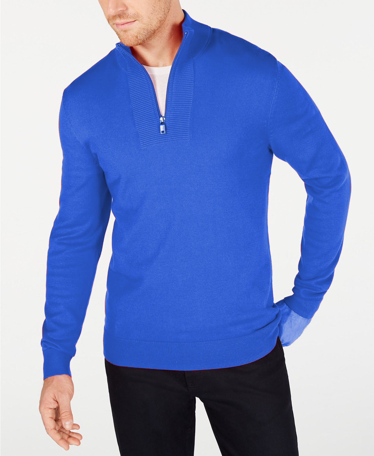 Alfani Men's Quarter-Zip Ribbed Placket Sweater Primary Blue Size Large