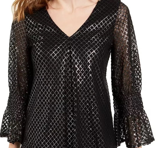 Alfani Women's Plus Size Metallic-Print Bell-Sleeve Top Gray Size 3X