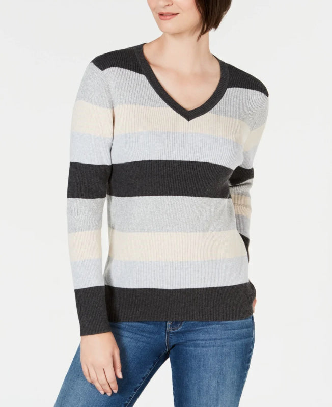 Karen Scott Women's Colorblocked V-Neck Cotton Sweater Grey combo Size Extra Large