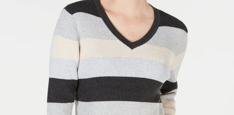 Karen Scott Women's Colorblocked V-Neck Cotton Sweater Grey combo Size Extra Large