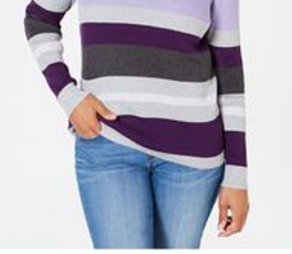 Karen Scott Women's Petite Emma Cotton Striped Sweater  Med Purple Size Petite EXtra Large